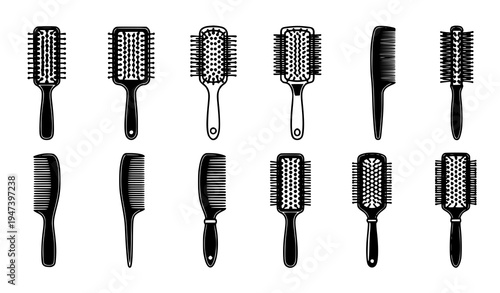 Hairbrush and comb styling tools icon set including round brush, paddle brush, detangling comb and professional hairdressing salon equipment collection