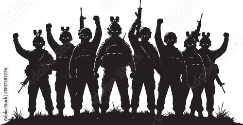 Powerful Army Soldiers Team Silhouette with Raised Rifles Symbol of Unity Strength Patriotism and Military Power Vector Illustration
