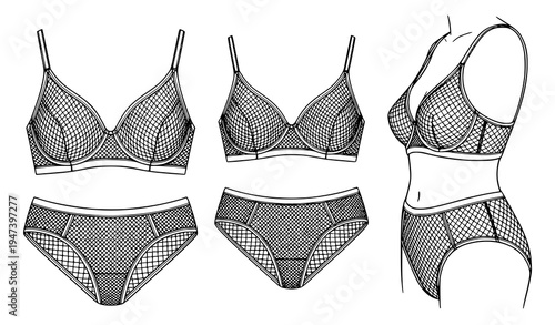 Women lingerie underwear set illustration featuring bra and panties, fashionable female intimate apparel collection with modern design and detailed textile texture