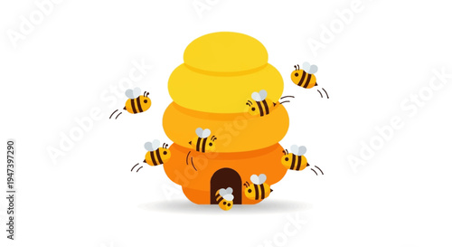 A busy beehive with multiple cartoon bees buzzing around the hive entrance and surrounding areas, illustrated in a vibrant and cheerful style