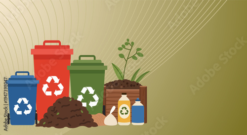 Composting and recycling bins with plant growth and garden supplies for sustainable living