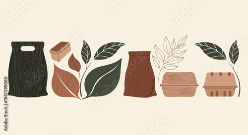 Eco-friendly packaging and natural elements in a minimalist flat design style