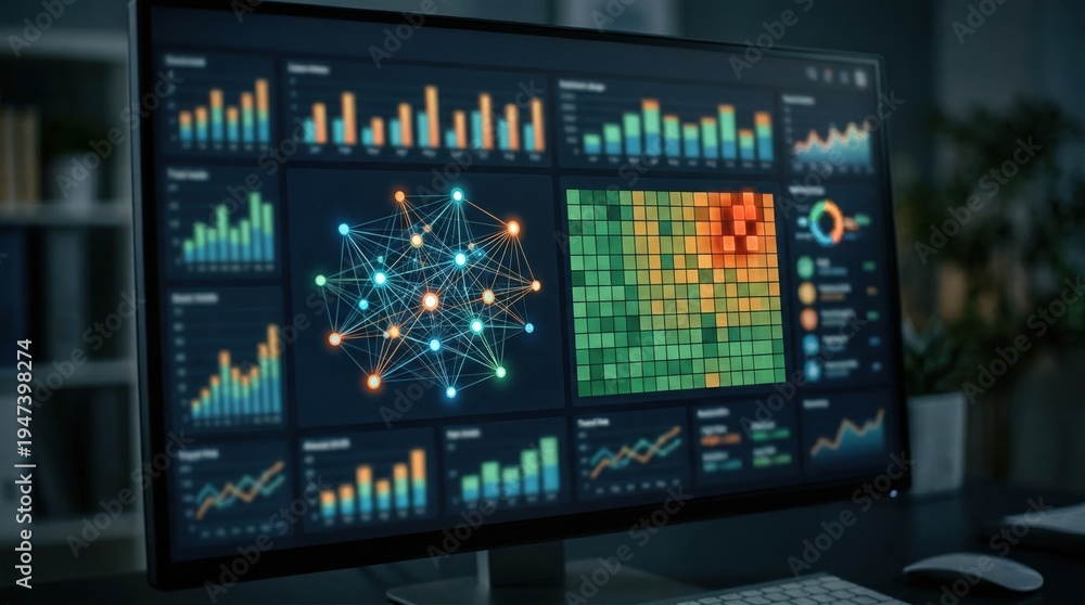 Fototapeta premium Close medium shot of an automated credit risk dashboard featuring alternative data sources with main charts crisp and secondary elements subtly blurred.