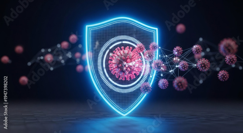 Abstract visualization of a glowing blue shield providing protection against invading viral cells, representing strong immunity and health defense for global well-being