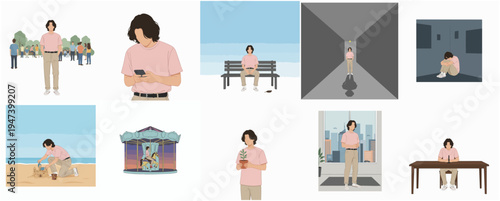 Minimalist Digital Illustration Set Showing Man's Solitude in Various Locations