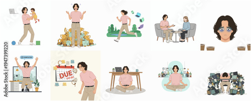 Flat Illustration of Man Experiencing Different Mental States and Work Styles Set