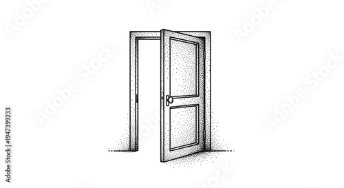 A detailed black-and-white stippled drawing illustrates a wooden door, slightly ajar, revealing a bright opening beyond its frame against a stark white background.