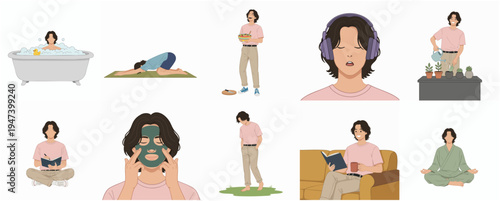 Flat Illustration of a Man in Various Relaxing Home Lifestyle Activities