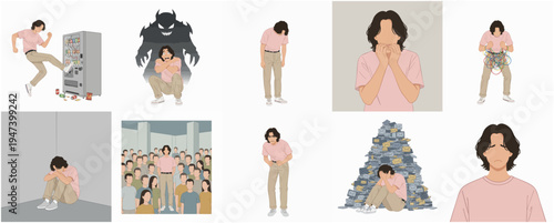Minimalist Faceless Man in Different Emotional and Mental States Illustration