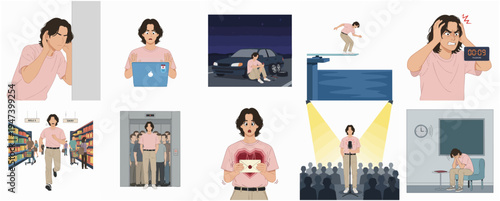 Minimalist Flat Illustration of Man in Various Life Situation Scenarios
