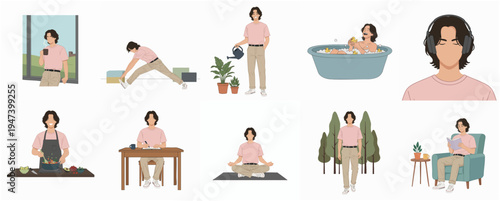 Flat Style Detailed Person Doing Activities and Hobby Illustration Set