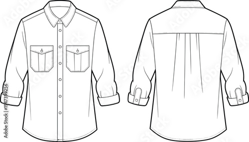 Men long sleeve button shirt front and back view, fashion technical sketch apparel template, cad drawing flat vector illustration