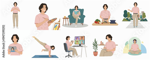 Simple Illustration Set of Woman in Various Activity at Home