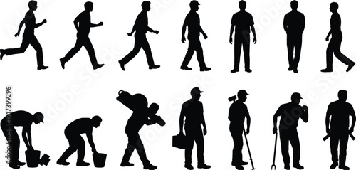 Worker walking silhouettes collection, construction laborer carrying tools and equipment, manual work activities, builder and handyman tasks, industrial workers vector illustration