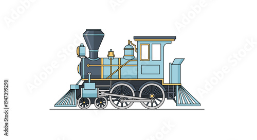 A charming cartoon illustration of a vintage light blue and black steam locomotive with yellow accents rests on a subtle line against a pristine white background.