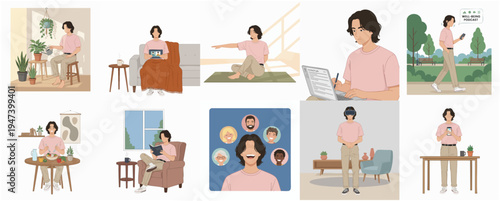 Flat Illustration Set of Man Doing Different Activities at Home