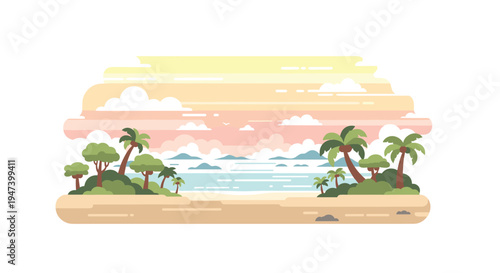 A picturesque tropical beach scene at sunset showcases calm turquoise waters, sandy shores, and numerous green palm trees under a cloudy sky.