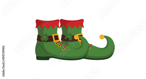 A pair of whimsical green elf shoes with red zigzag trim, gold buckles, and pointed curled toes are displayed against a white background.