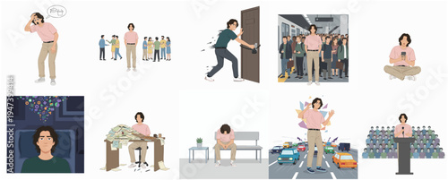 Minimalist Flat Style Man in Diverse Stressful and Successful Scenarios Illustration