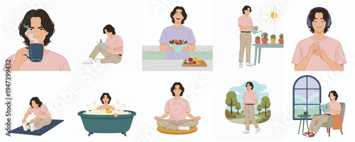 Flat Illustration of Man Performing Different Activities for Wellness and Relaxation