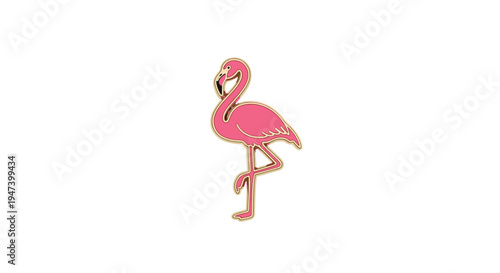 A vibrant pink cartoon flamingo, elegantly outlined in gold, stands on one leg with its neck curved against a pristine white background.
