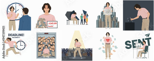 Minimalist Flat Style Man in Various Situations Lifestyle Illustration Set