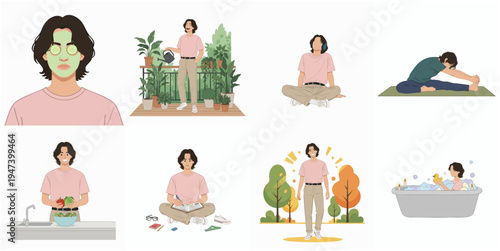 Flat Simple Illustration of Daily Activities and Routine of a Young Man