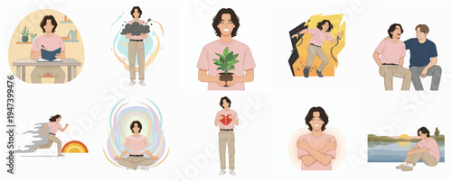 Flat Illustration Set Showing Various Emotions and Activities of Young Adult