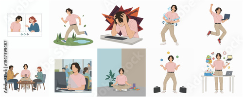 Flat Illustration Set of Diverse Man's Activities and Emotions Portrayals Icon