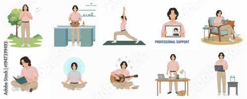 Flat Style Various Activity Woman Relaxing in Home Illustration Set