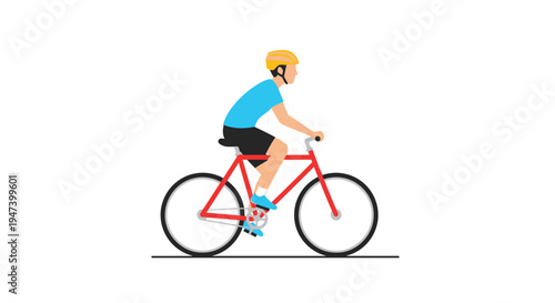 A cartoon man wearing a yellow helmet and blue shirt rides a red bicycle with white wheels against a clean white background.