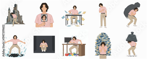Flat Style Illustration Showing Man Character in Different Emotional and Stressful Situations