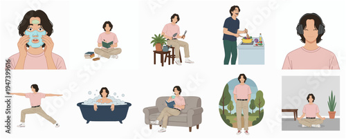 Minimalist Flat Style Young Man Doing Daily Routine Activities Illustration Set