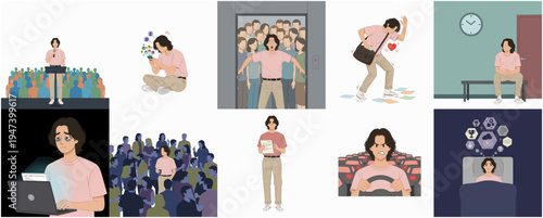 Modern Flat Style Illustration of Young Man in Various Daily Activities
