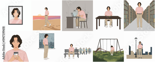 Minimalist Flat Illustration of Young Man in Various Activities and Locations