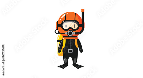 A charming cartoon illustration of a diver wearing an orange helmet, goggles, snorkel, black wetsuit, yellow air tank, and flippers on a white background.