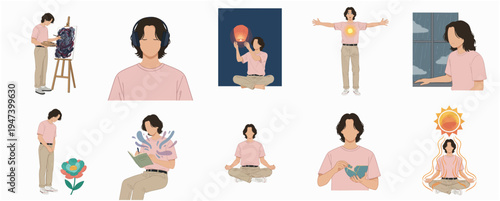 Minimalist Flat Style Man Character in Various Activity and Mood Set Illustration