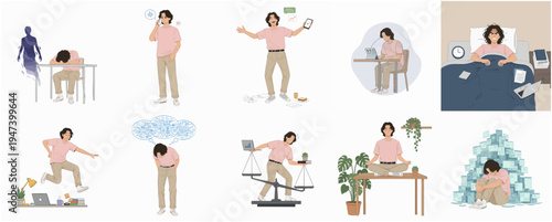 Flat Style Person Feeling Overwhelmed, Stressed and Unbalanced Character Illustration