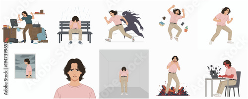 Flat Illustration Set of Man Experiencing Different Negative Emotions and Mental Health