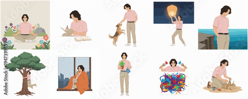 Minimalist Flat Style Man enjoying simple activity Illustration Icon Set