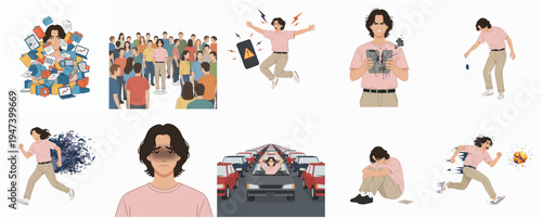 Minimalist Flat Character Experiencing Various Stressful Situations Illustration Set