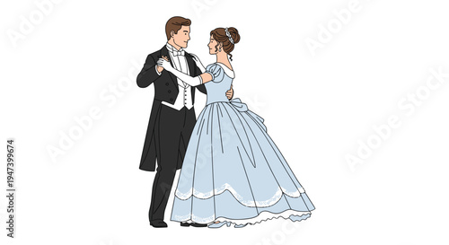 A detailed illustration of a couple ballroom dancing, featuring a man in a black tailcoat tuxedo and a woman in an elegant light blue ball gown, on a white background.