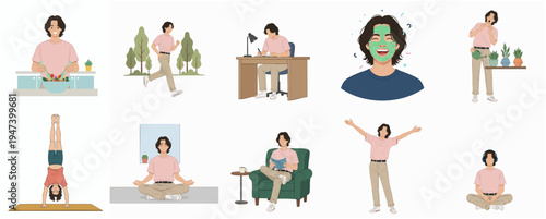 Flat Illustration Diverse Activities Character in Different Poses Lifestyle Concept