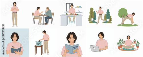 Artistic Flat Illustration Set of Man's Daily Life Activities and Hobbies