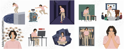 Flat Illustration of Man Experiencing Mental Breakdown and Psychological Distress Scenes