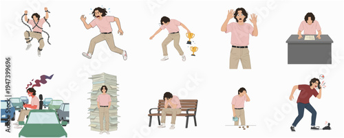 Flat Style Illustration of Professional Life Stress and Achievement Scenes