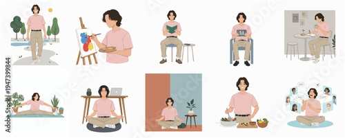 Minimalist Lineart Man Doing Hobby and Activity Lifestyle Illustration Set
