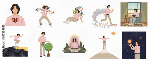 Flat Color Diverse Lifestyle Man Character Set Illustration with Various Activities