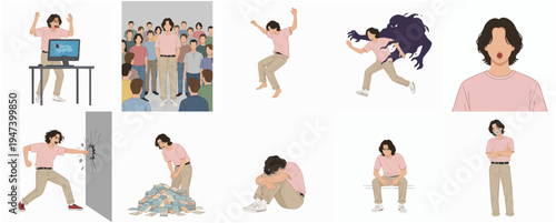 Minimalist Flat Illustration of Man in Various Emotion and Action Poses Set