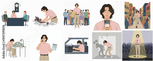 Flat Illustration Set Young Man in Different Situation and Activity Concept